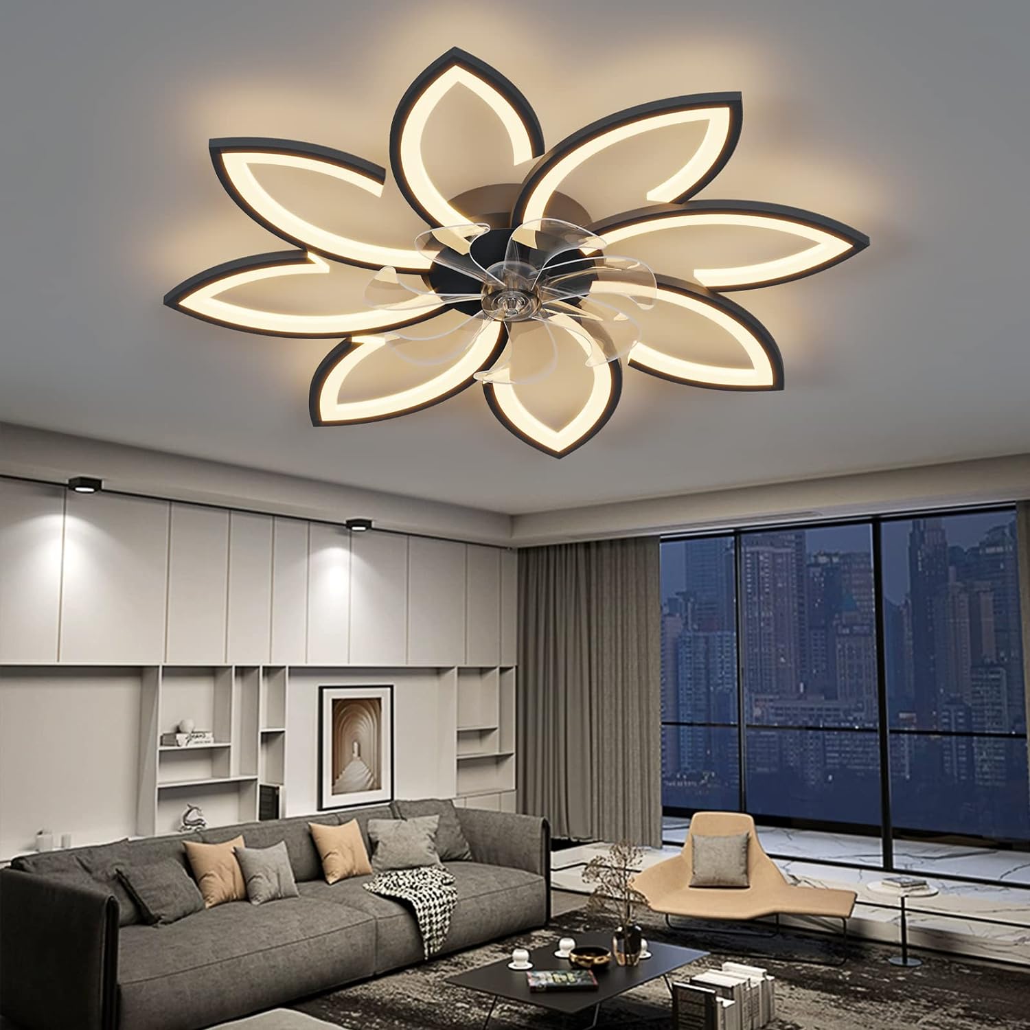 Modern Ceiling Light Fan, Low Profile, 6 Wind Speed, 3 Color (90cm, Black) - SILBERSHELL