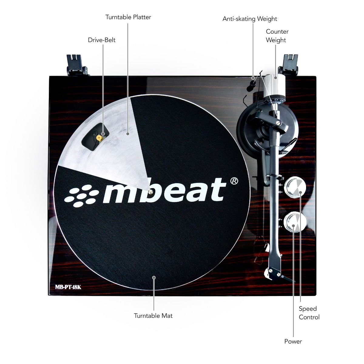 mbeat Hi-Fi Bluetooth Turntable (MMC, USB, Anti-skating, Preamplifier) - Macassar Ebony - SILBERSHELL