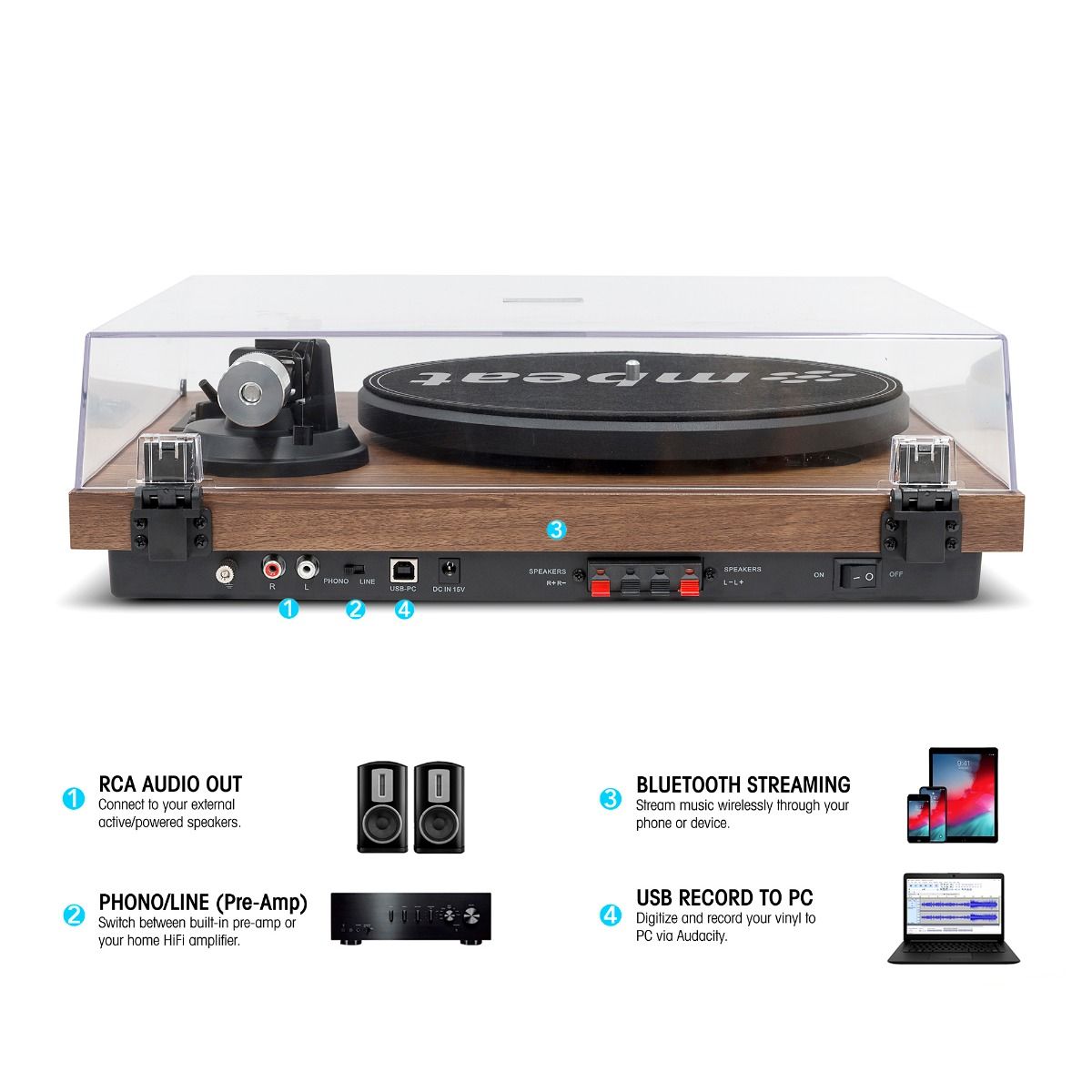 mbeat Hi-Fi Turntable with Bookshelf Speakers and Bluetooth Streaming - SILBERSHELL