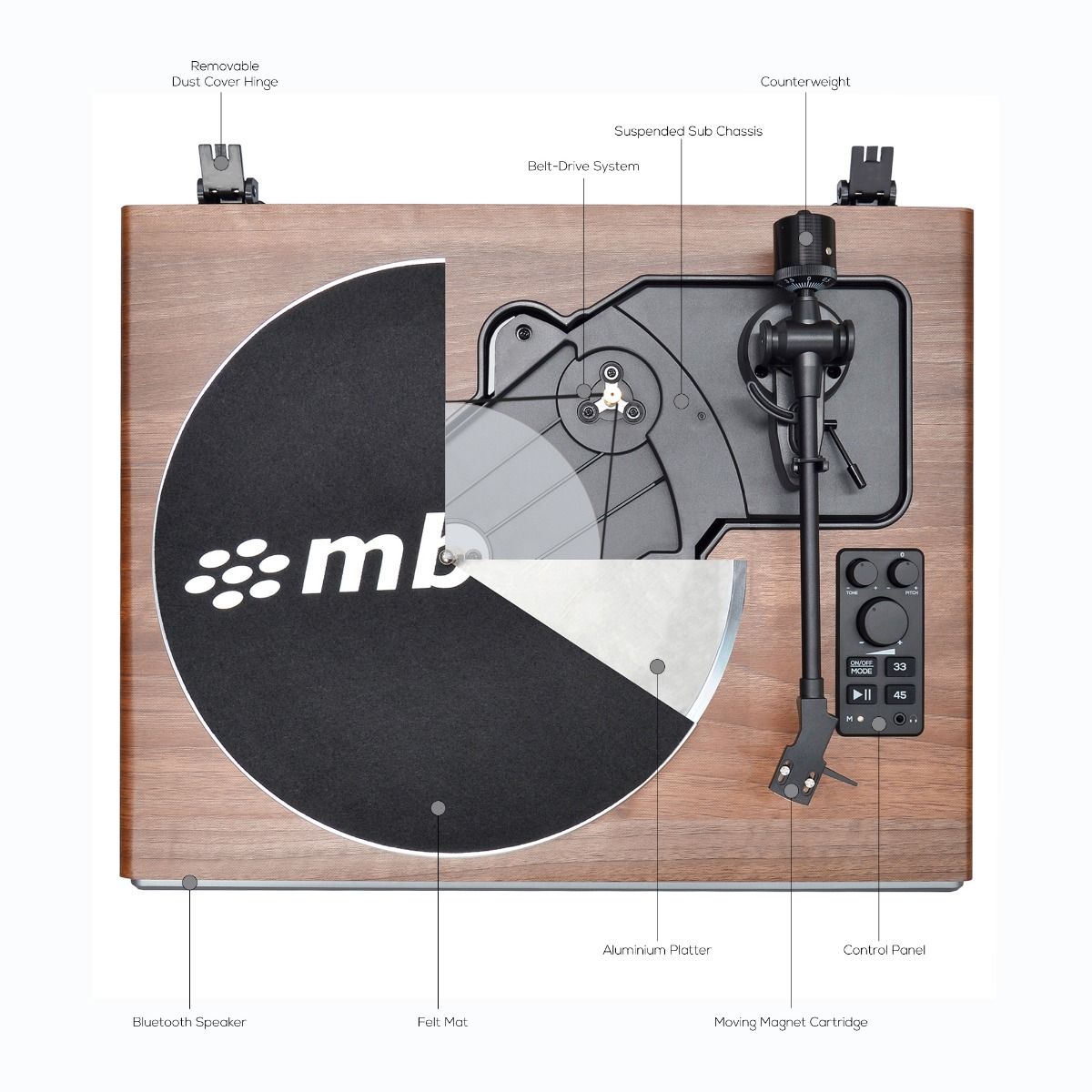 mbeat Hi-Fi Turntable with Built-In Bluetooth Receiving Speaker - SILBERSHELL