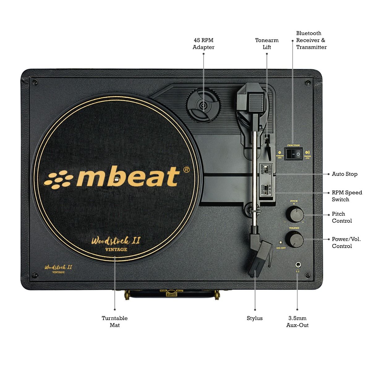 mbeat Woodstock II Black Retro Bluetooth (TX/RX) Turntable - SILBERSHELL