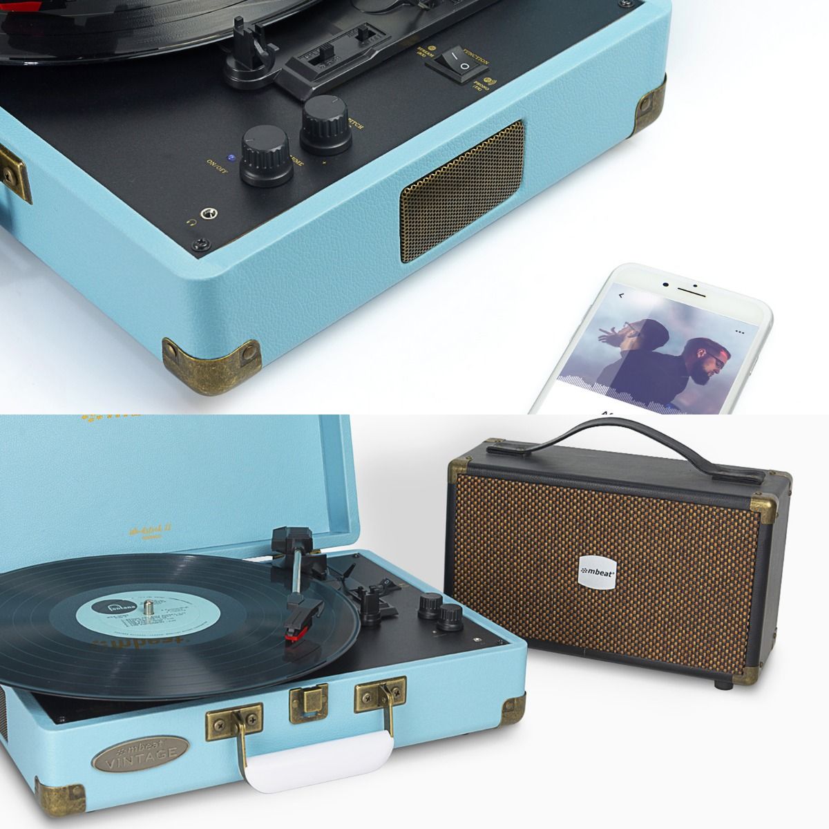 mbeat Woodstock II Sky Blue Retro Bluetooth (TX/RX) Turntable - SILBERSHELL