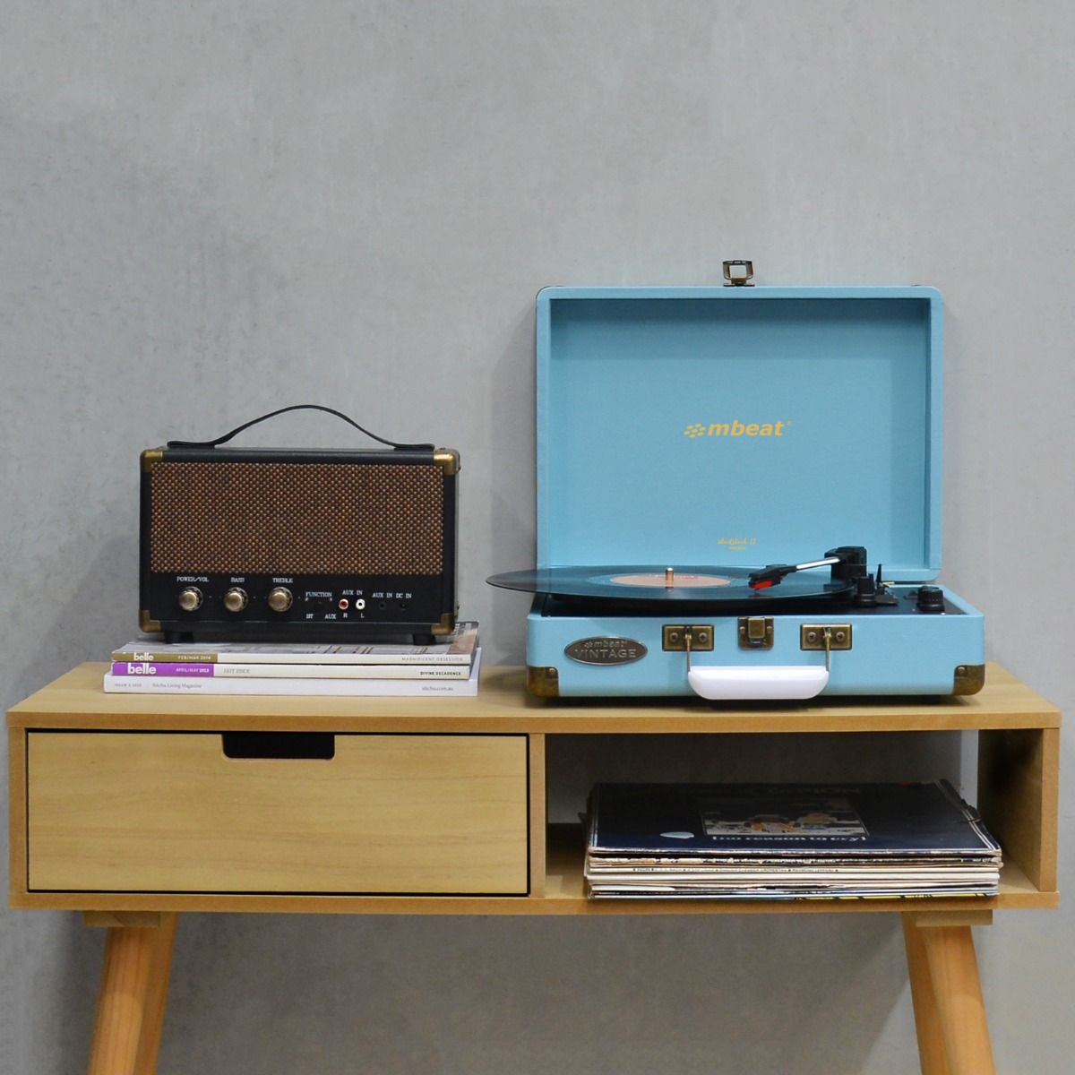 mbeat Woodstock II Sky Blue Retro Bluetooth (TX/RX) Turntable - SILBERSHELL