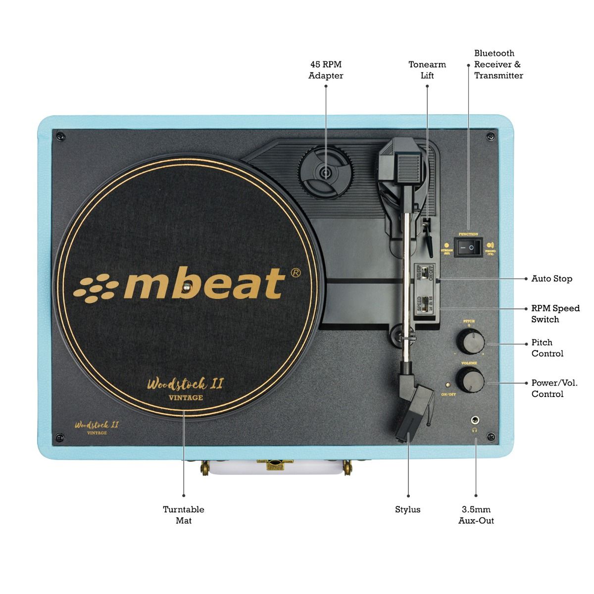 mbeat Woodstock II Tiffany Green Retro Bluetooth (TX/RX) Turntable - SILBERSHELL