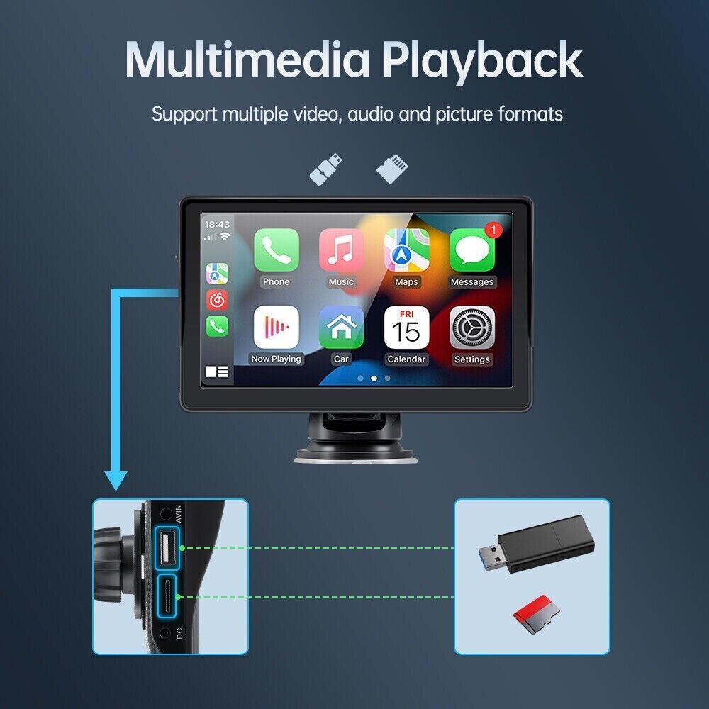 7 inch Portable Wireless Car Radio Auto Stereo Apple Carplay Android Bluetooth + Cam - SILBERSHELL