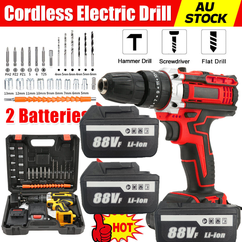 Cordless Drill w/2 Battery Heavy Duty Impact Driver Kit Brushless Hammer Set 88V - SILBERSHELL