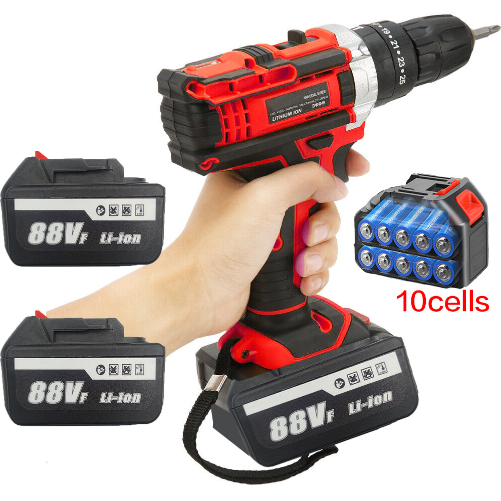 Cordless Drill w/2 Battery Heavy Duty Impact Driver Kit Brushless Hammer Set 88V - SILBERSHELL