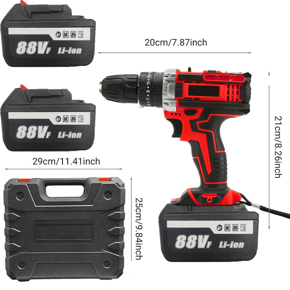 Cordless Drill w/2 Battery Heavy Duty Impact Driver Kit Brushless Hammer Set 88V - SILBERSHELL