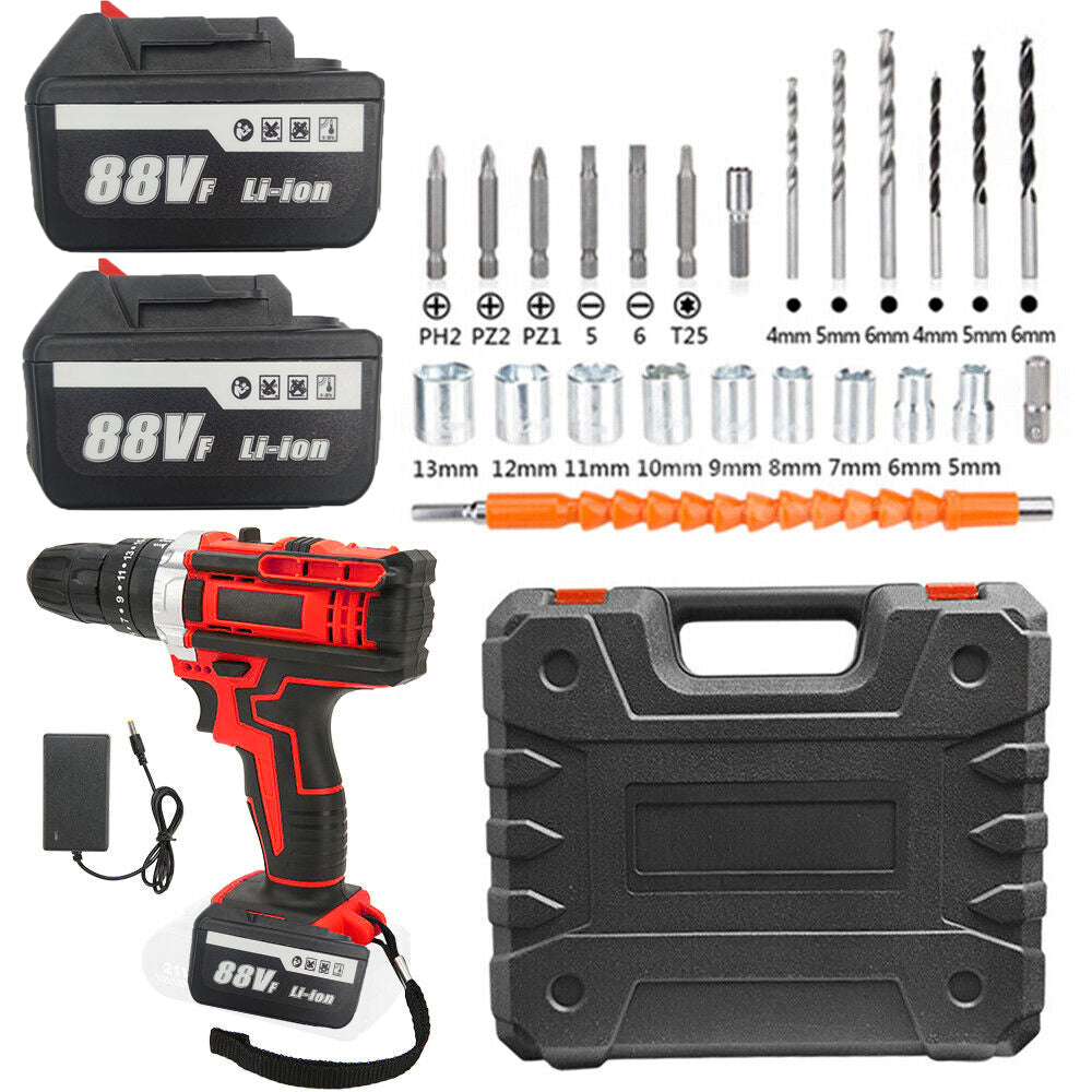 Cordless Drill w/2 Battery Heavy Duty Impact Driver Kit Brushless Hammer Set 88V - SILBERSHELL