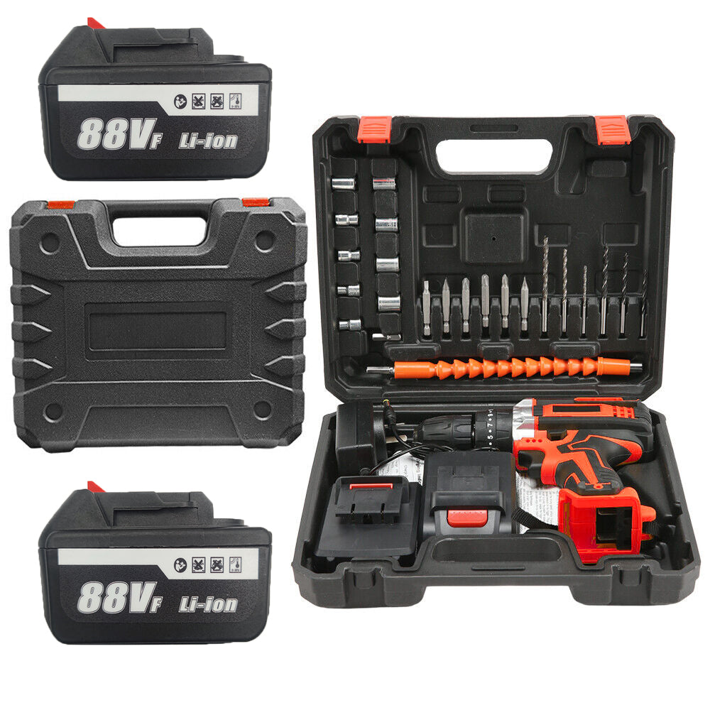 Cordless Drill w/2 Battery Heavy Duty Impact Driver Kit Brushless Hammer Set 88V - SILBERSHELL