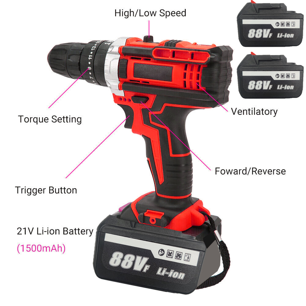 Cordless Drill w/2 Battery Heavy Duty Impact Driver Kit Brushless Hammer Set 88V - SILBERSHELL