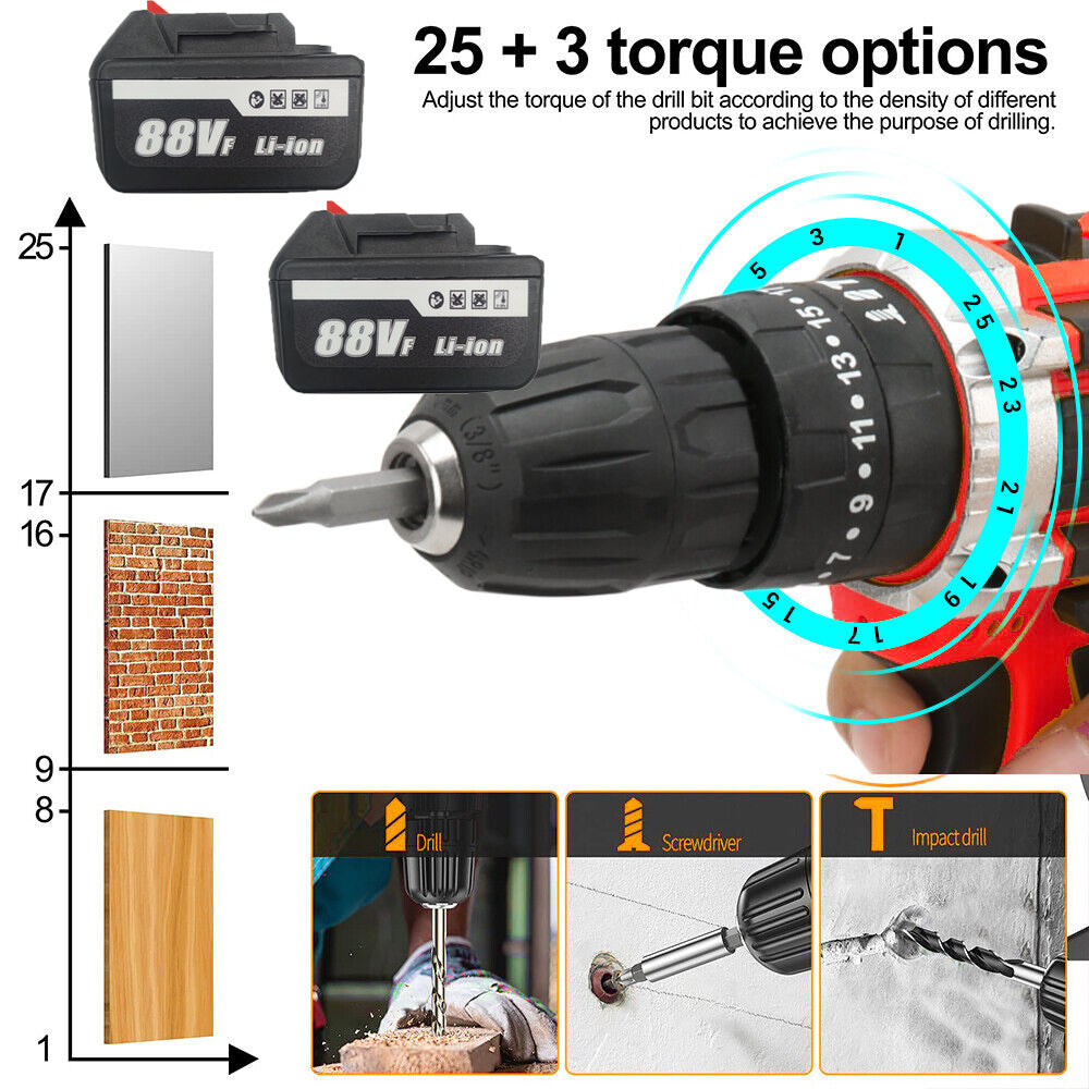 Cordless Drill w/2 Battery Heavy Duty Impact Driver Kit Brushless Hammer Set 88V - SILBERSHELL