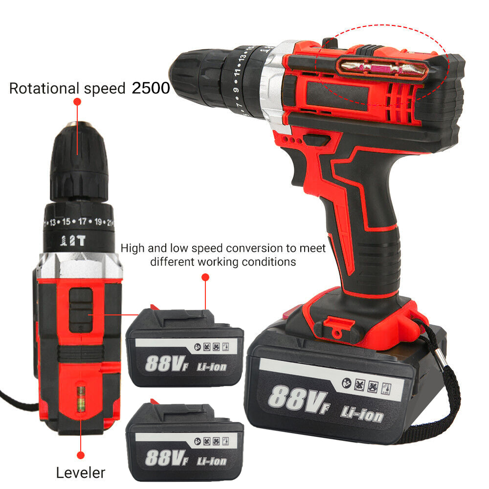 Cordless Drill w/2 Battery Heavy Duty Impact Driver Kit Brushless Hammer Set 88V - SILBERSHELL