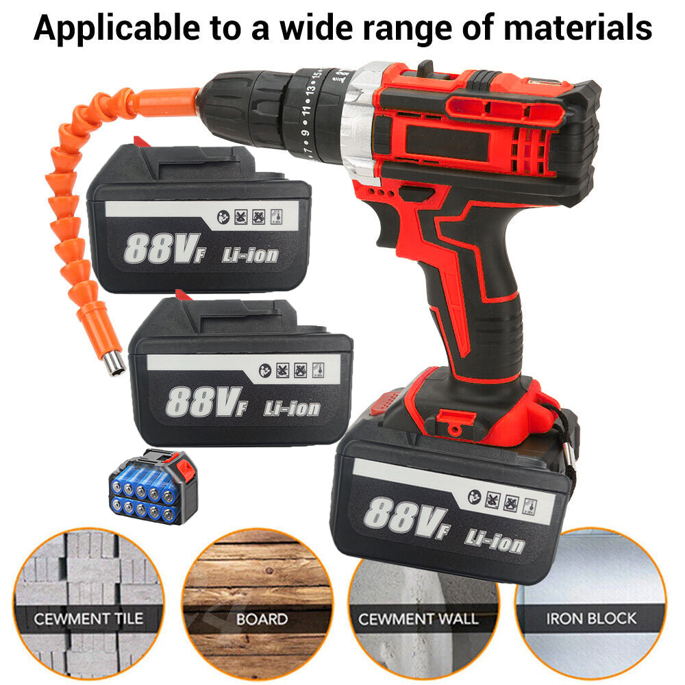 Cordless Drill w/2 Battery Heavy Duty Impact Driver Kit Brushless Hammer Set 88V - SILBERSHELL