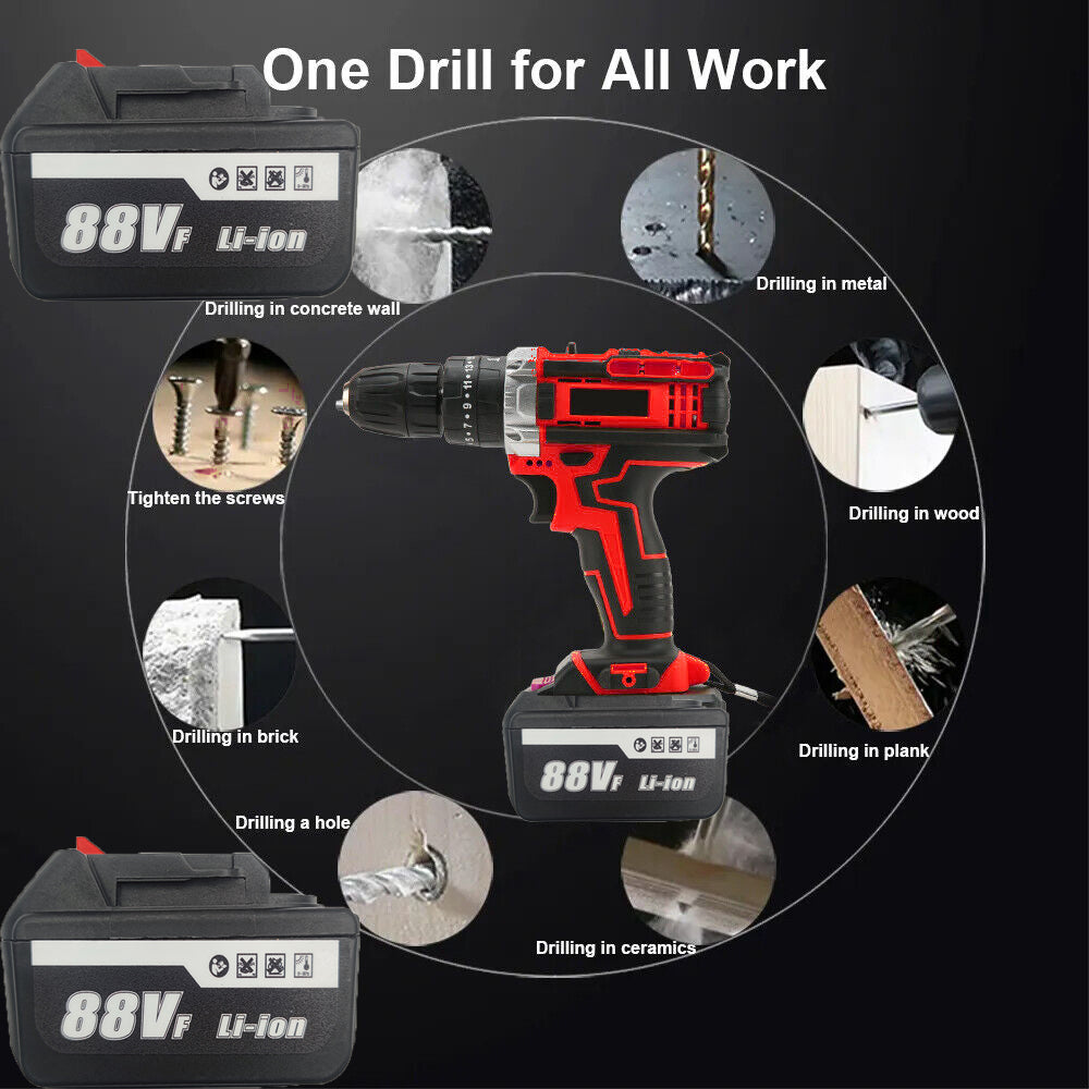 Cordless Drill w/2 Battery Heavy Duty Impact Driver Kit Brushless Hammer Set 88V - SILBERSHELL