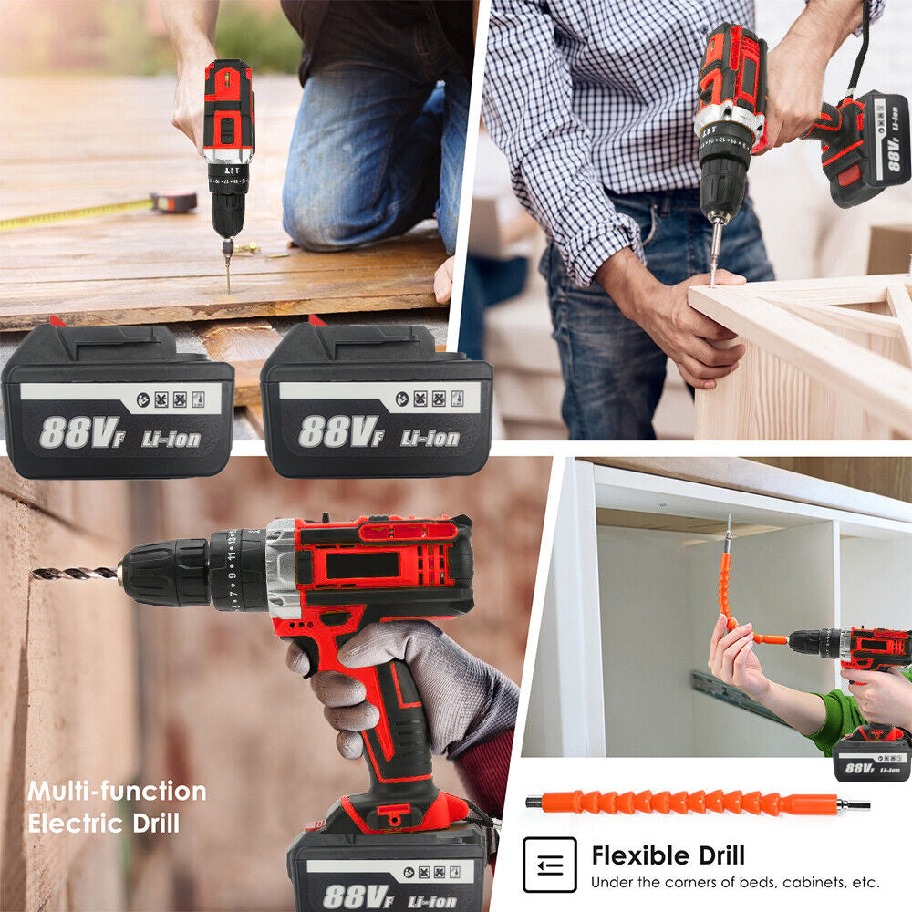 Cordless Drill w/2 Battery Heavy Duty Impact Driver Kit Brushless Hammer Set 88V - SILBERSHELL