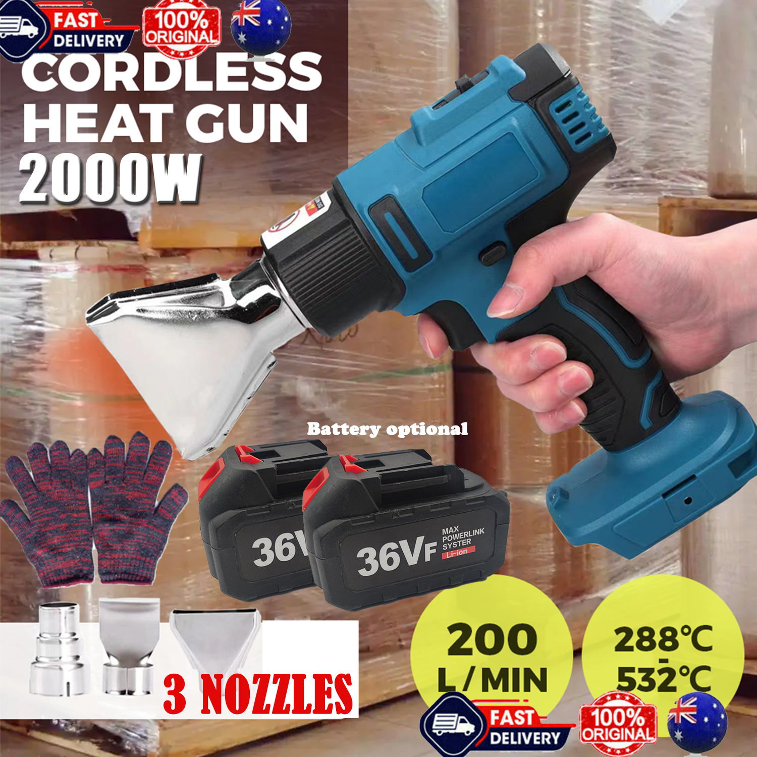 2000W Electric Hot Air Heat Gun with Nozzles Cordless Handheld For Makita 18V AU - SILBERSHELL