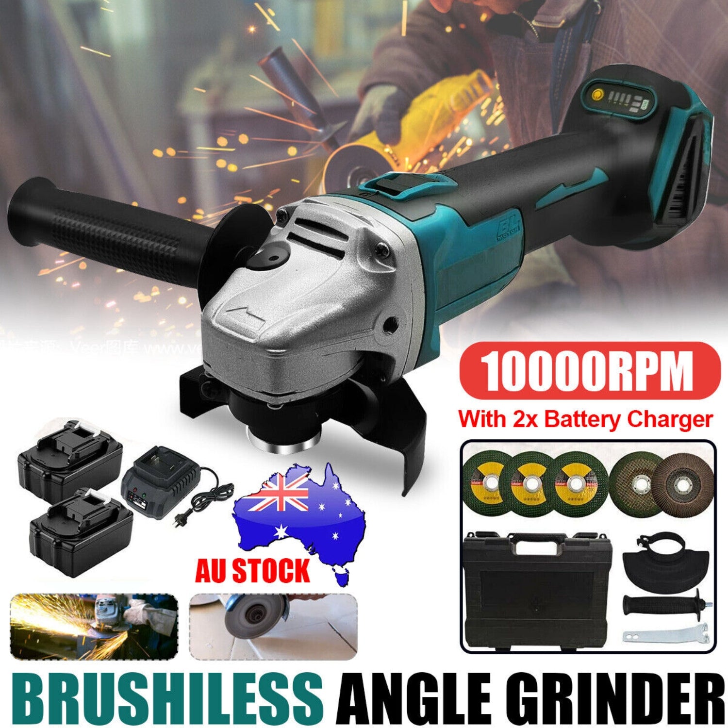 Brushless Cordless Angle Grinder With 2x Li-ion Battery Charger 125mm Combo Kit - SILBERSHELL