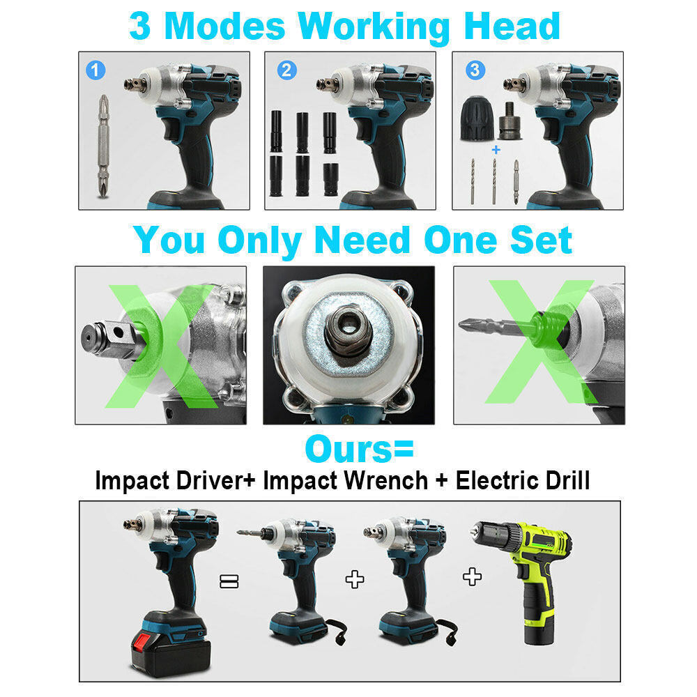 Cordless Electric Impact Wrench Brushless Rattle Gun 1/2" Driver +Large Battery - SILBERSHELL