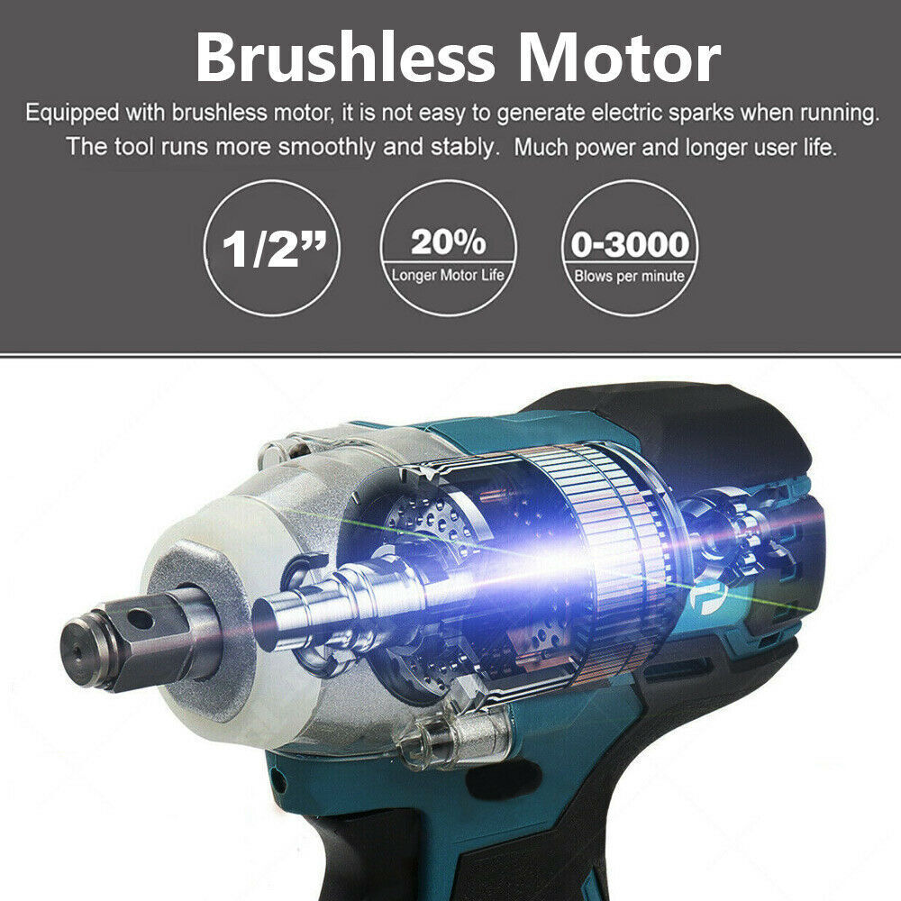 Cordless Electric Impact Wrench Brushless Rattle Gun 1/2" Driver +Large Battery - SILBERSHELL