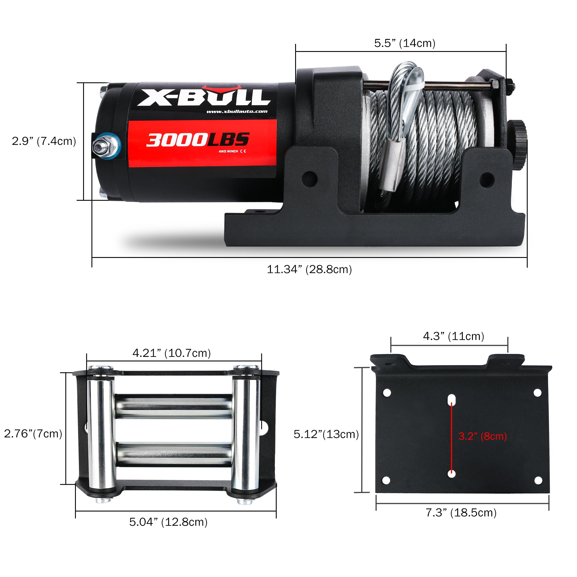 X-BULL Electric Winch 3000lbs Steel Wire Cable 12V Boat ATV UTV Winch Trailer 2 Units - SILBERSHELL