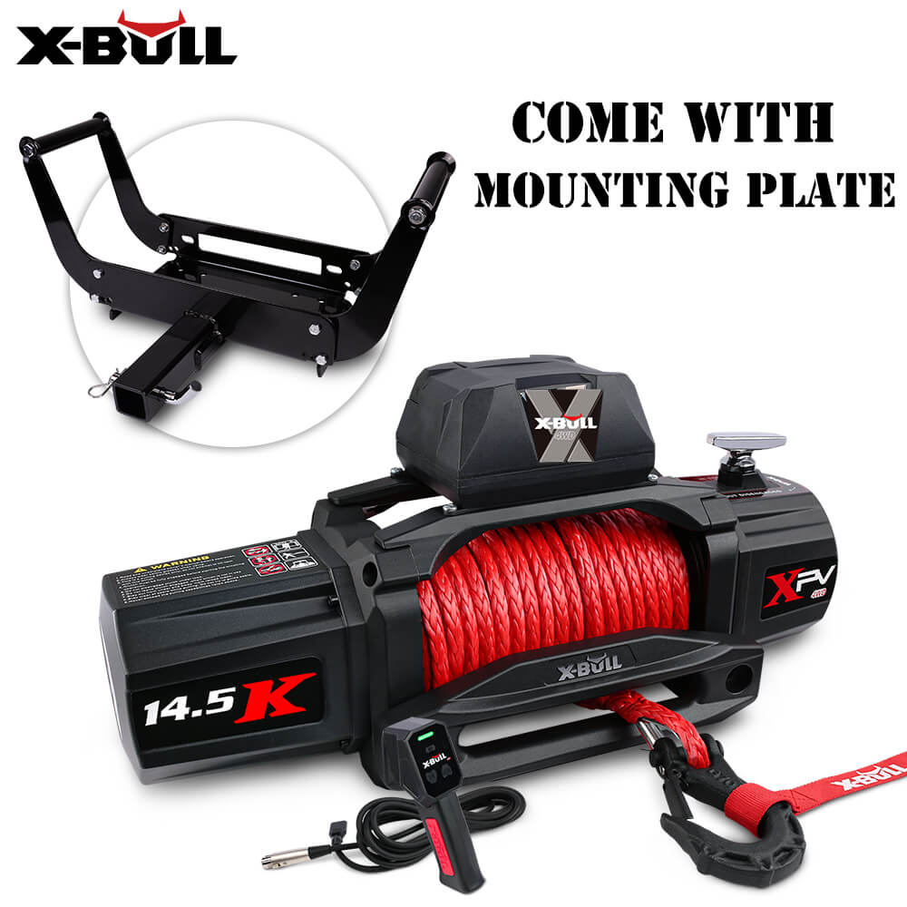 X-BULL 12V Electric Winch 14500LBS synthetic rope with winch mounting plate - SILBERSHELL