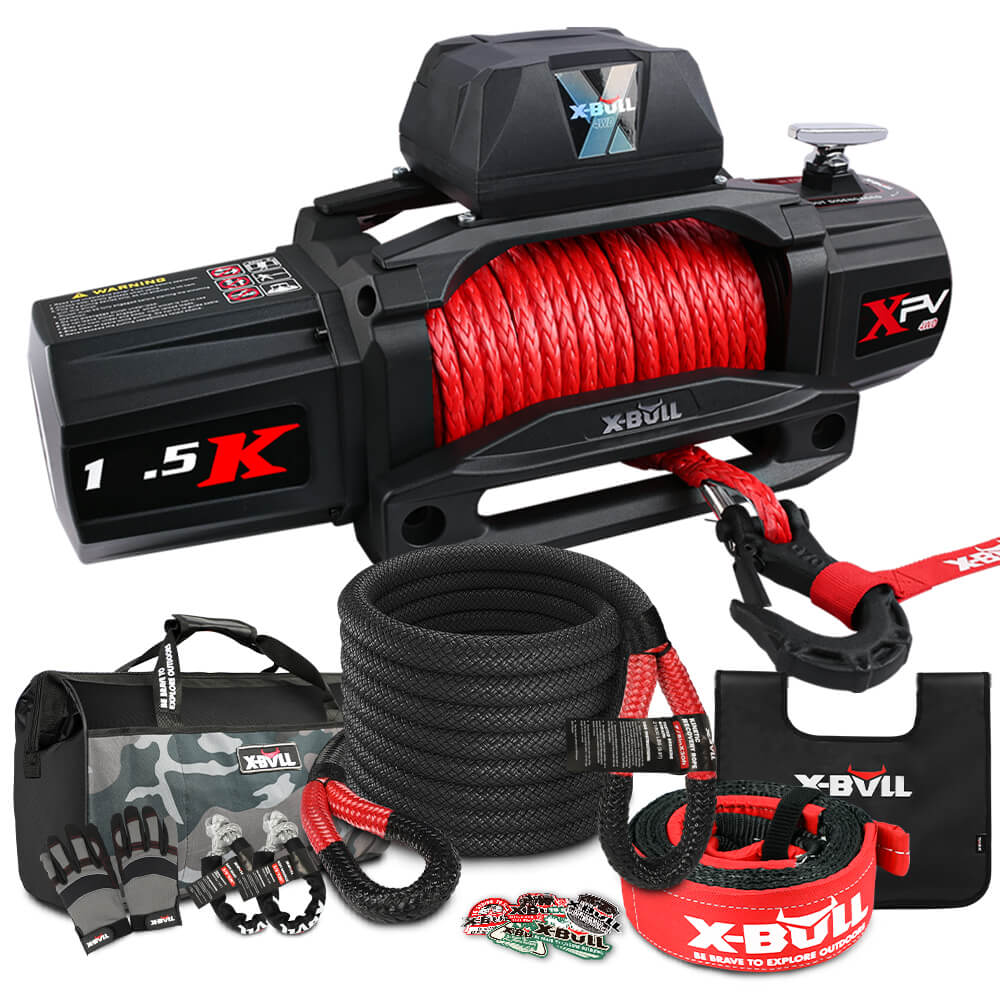 X-BULL 4WD Recovery Kit Kinetic Recovery Rope With 14500LBS Electric Winch 12V Winch 4WD 4X4 Offroad - SILBERSHELL