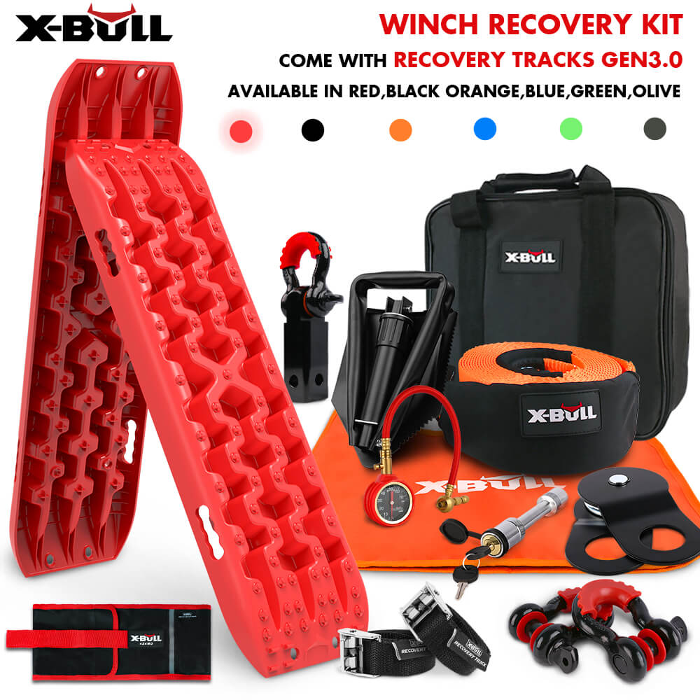 X-BULL Winch Recovery Kit with Recovery Tracks Boards Gen 3.0 Snatch Strap Off Road 4WD Red - SILBERSHELL