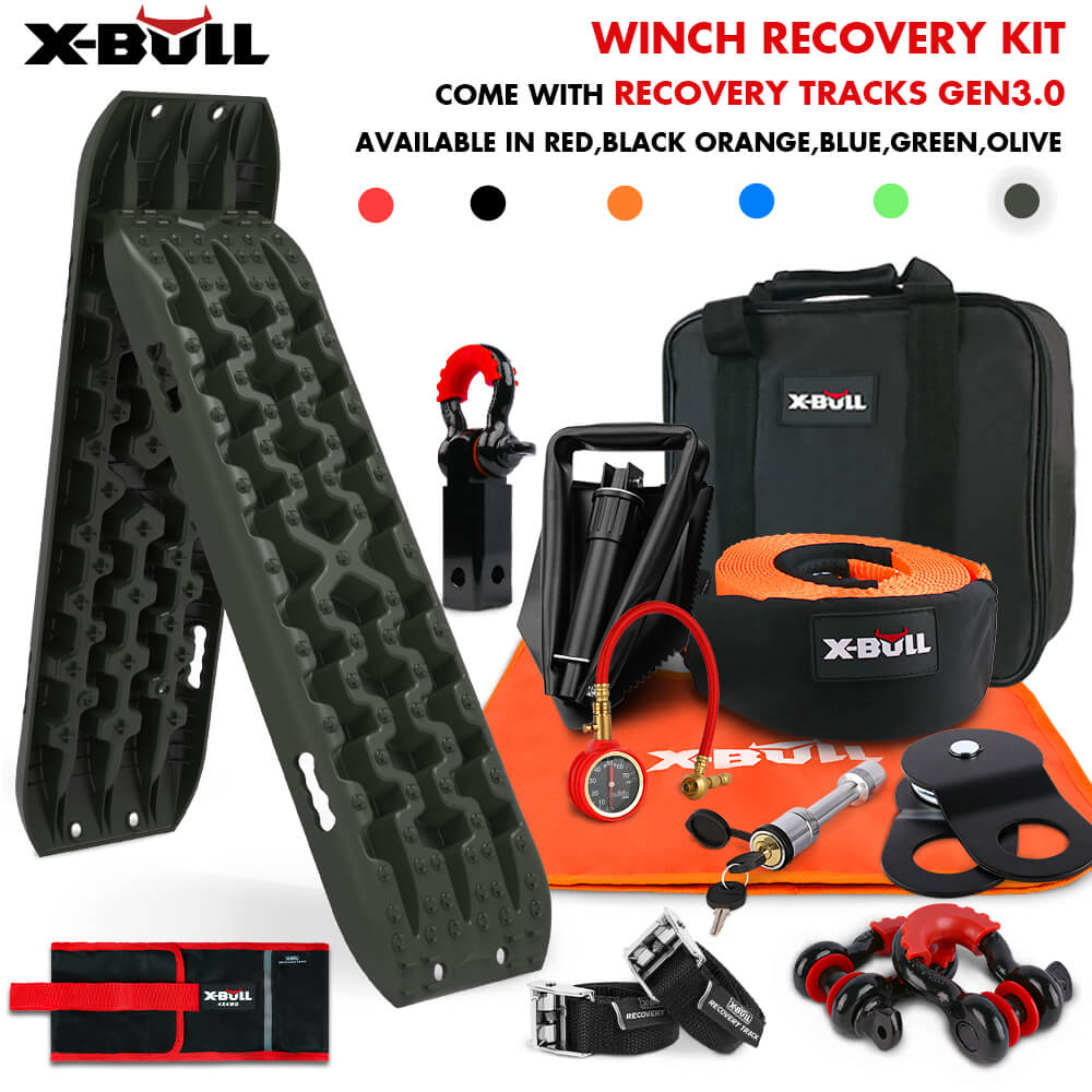 X-BULL Winch Recovery Kit with Recovery Tracks Boards Gen 3.0 Snatch Strap Off Road 4WD Olive - SILBERSHELL