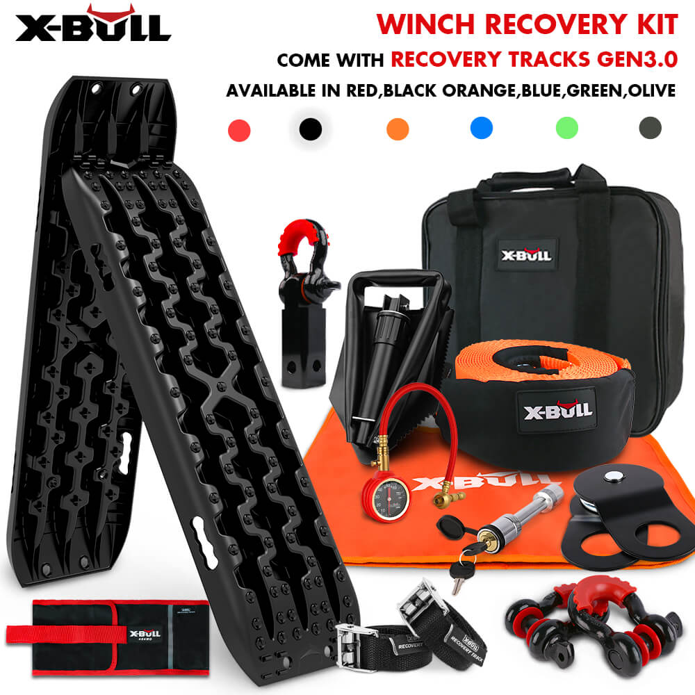 X-BULL Winch Recovery Kit with Recovery Tracks Boards Gen 3.0 Snatch Strap Off Road 4WD Black - SILBERSHELL