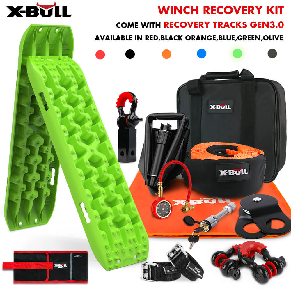 X-BULL Winch Recovery Kit with Recovery Tracks Boards Gen 3.0 Snatch Strap Off Road 4WD Green - SILBERSHELL