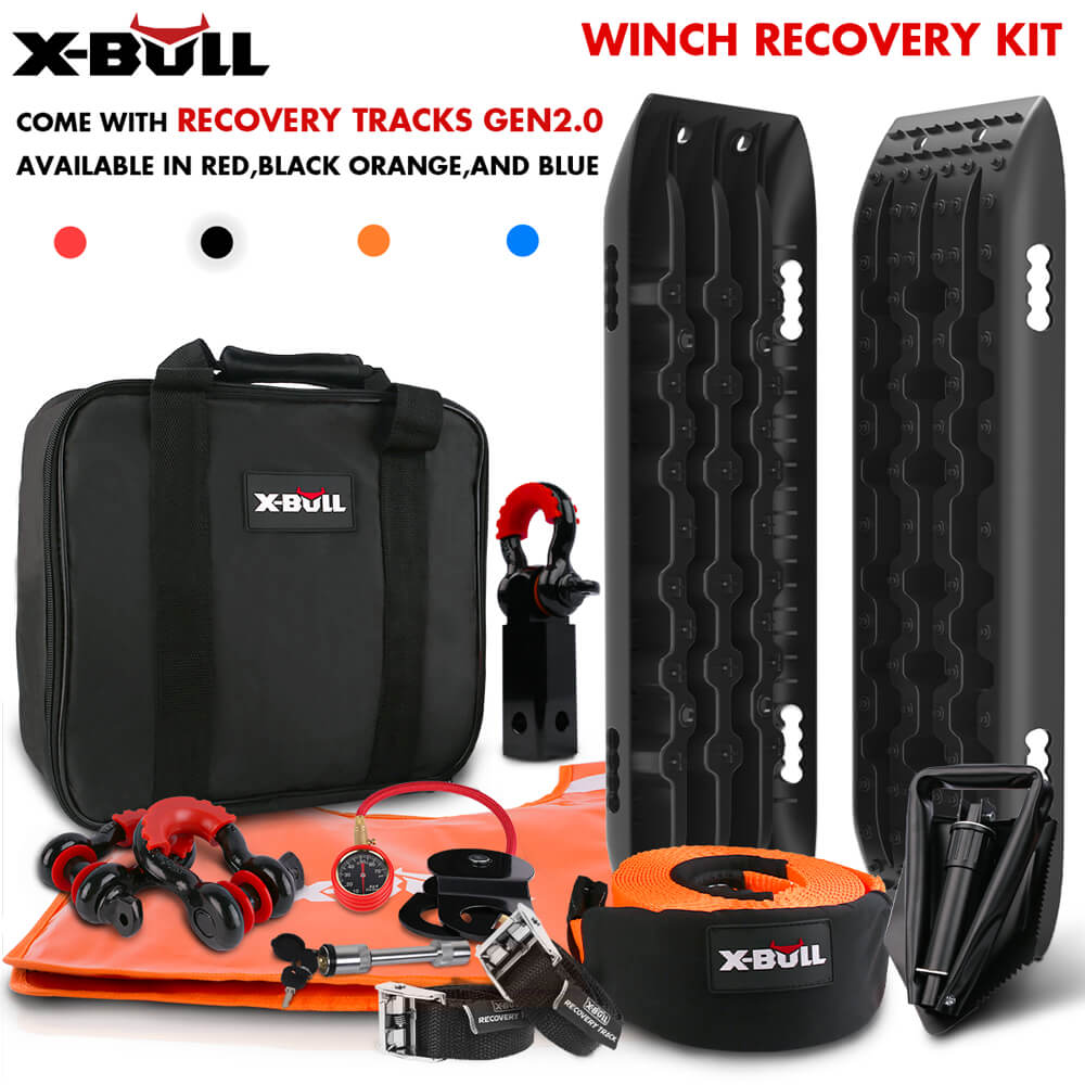 X-BULL Winch Recovery Kit Snatch Strap Off Road 4WD with Recovery Tracks Gen 2.0 Boards Black - SILBERSHELL