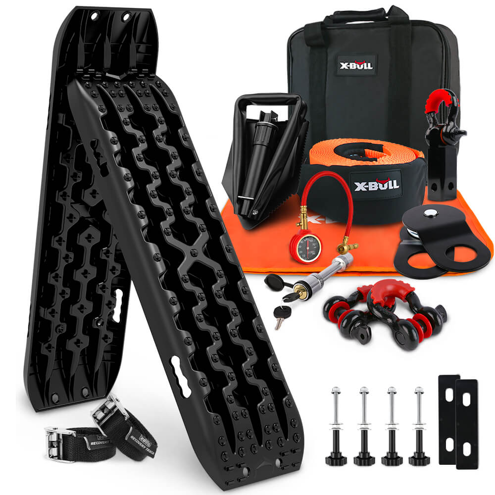 X-BULL Winch Recovery Kit with Recovery Tracks Boards Gen 3.0 Mounting Pins Snatch Strap Off Road 4WD Black - SILBERSHELL