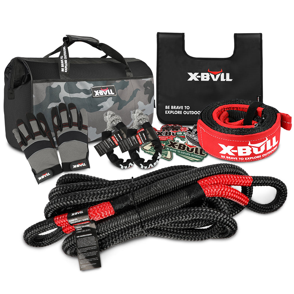 X-BULL Recovery Rope kit Snatch Strap Soft Shackles Hitch receiver Kinetic Tire Deflator - SILBERSHELL