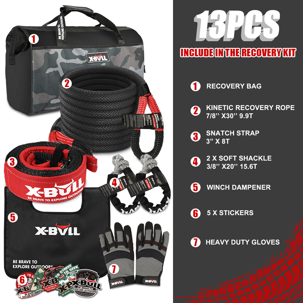 X-BULL Recovery Rope kit Snatch Strap Soft Shackles Hitch receiver Kinetic Tire Deflator - SILBERSHELL