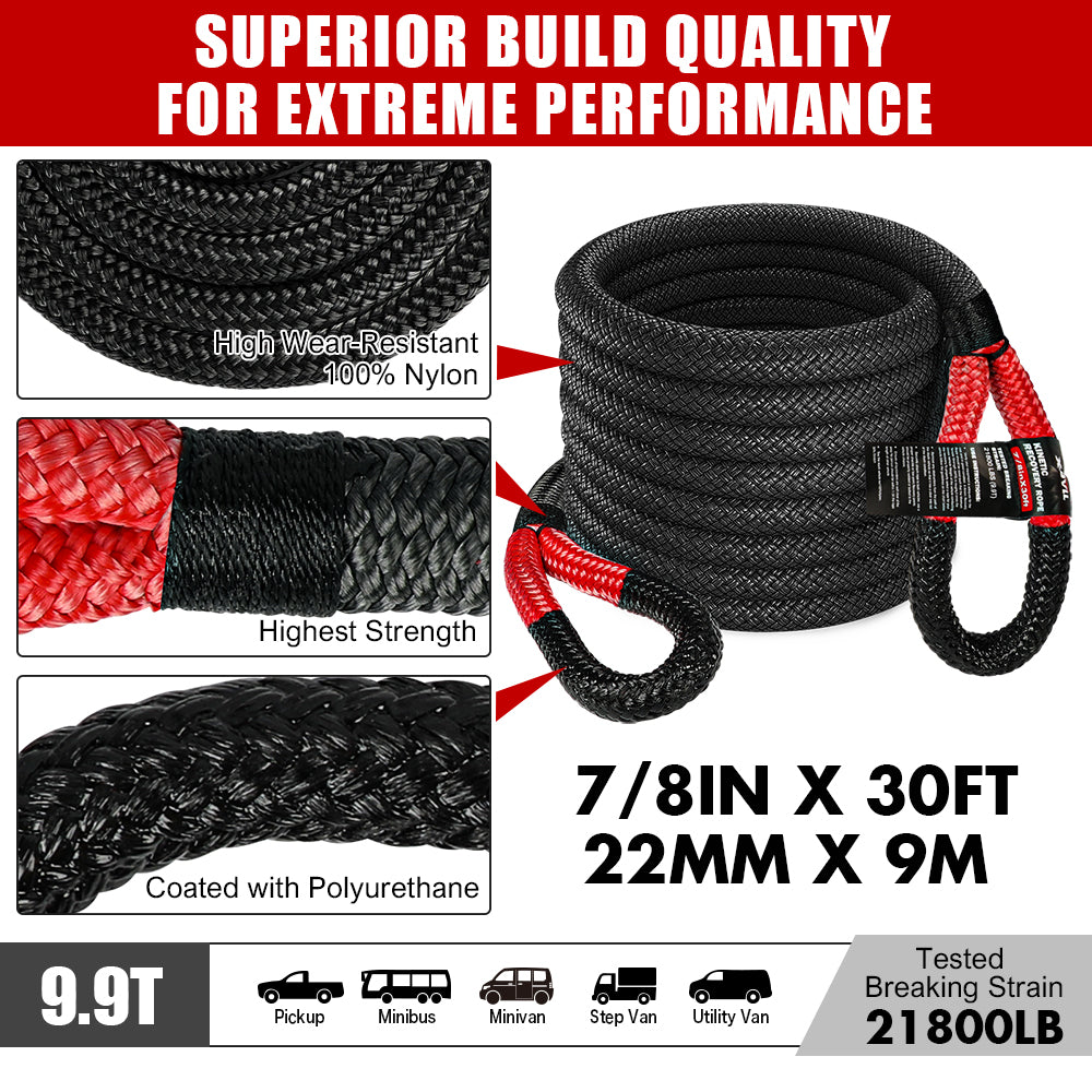 X-BULL Recovery Rope kit Snatch Strap Soft Shackles Hitch receiver Kinetic Tire Deflator - SILBERSHELL