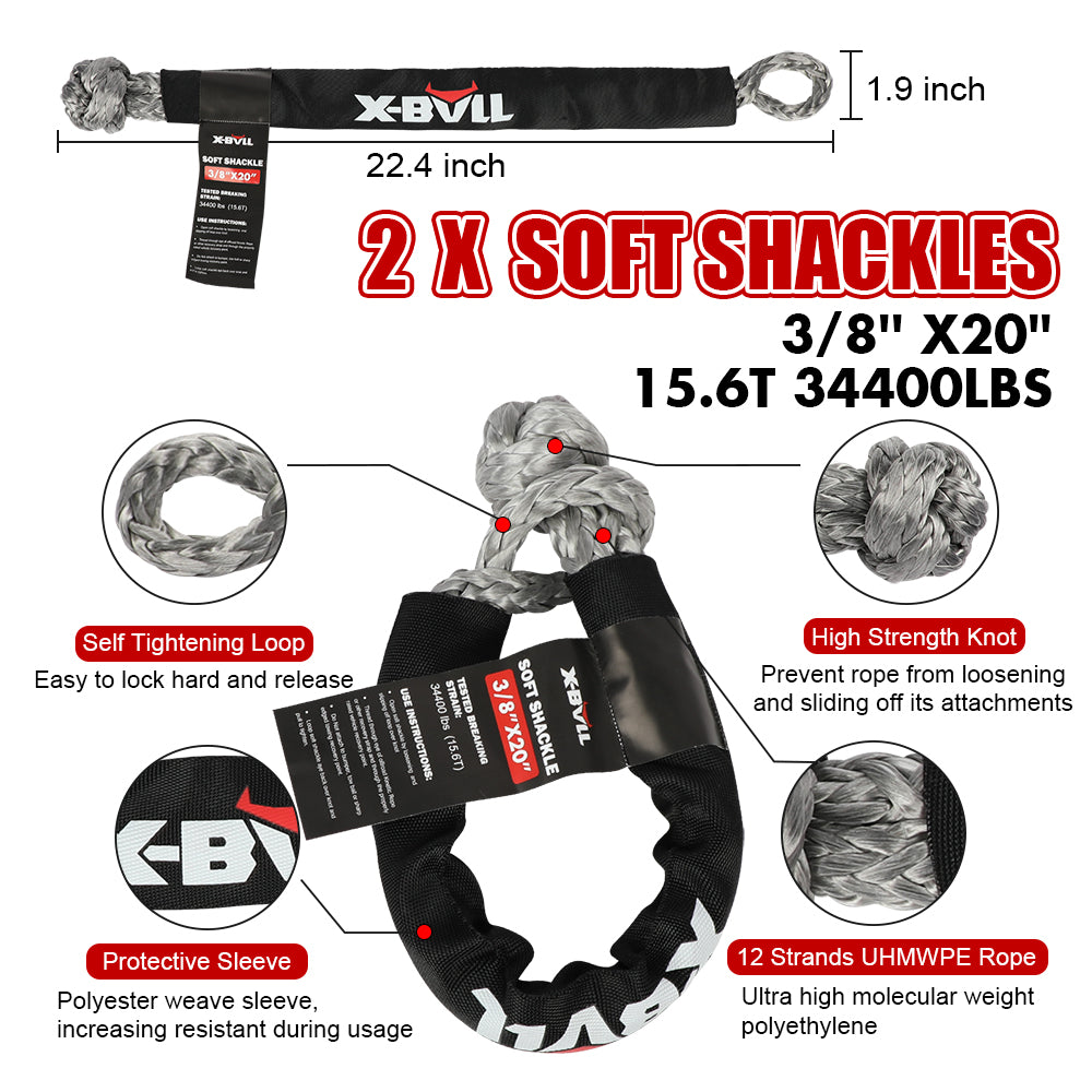 X-BULL Recovery Rope kit Snatch Strap Soft Shackles Hitch receiver Kinetic Tire Deflator - SILBERSHELL