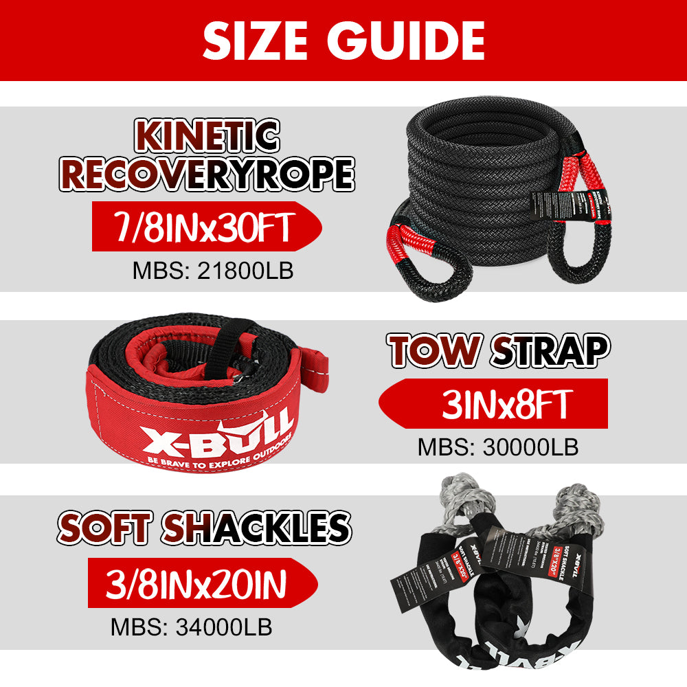 X-BULL Recovery Rope kit Snatch Strap Soft Shackles Hitch receiver Kinetic Tire Deflator - SILBERSHELL