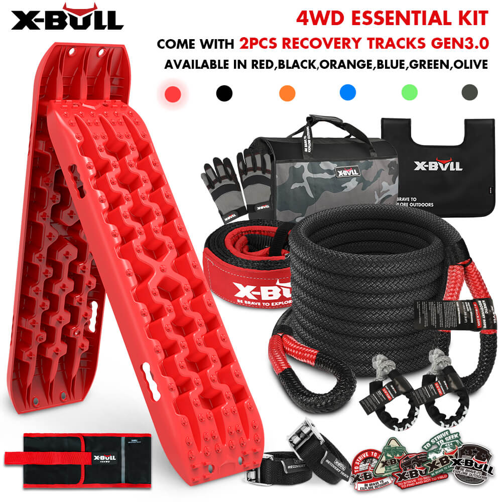 X-BULL 4X4 Recovery Kit Kinetic Recovery Rope Snatch Strap / 2PCS Recovery Tracks 4WD Gen3.0 Red - SILBERSHELL