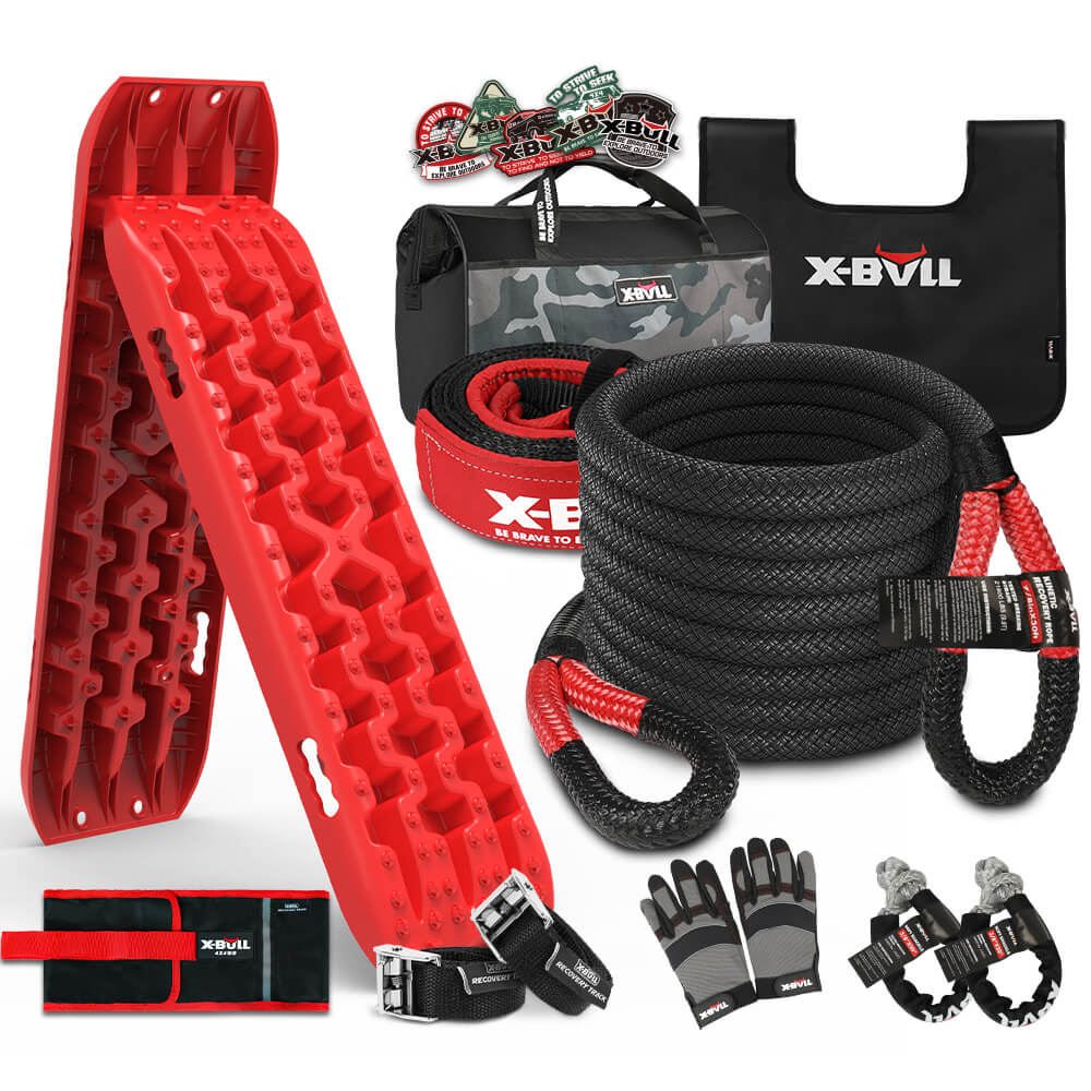 X-BULL 4X4 Recovery Kit Kinetic Recovery Rope Snatch Strap/ soft shackle/ 2PCS Recovery Tracks 4WD Gen3.0 Red - SILBERSHELL