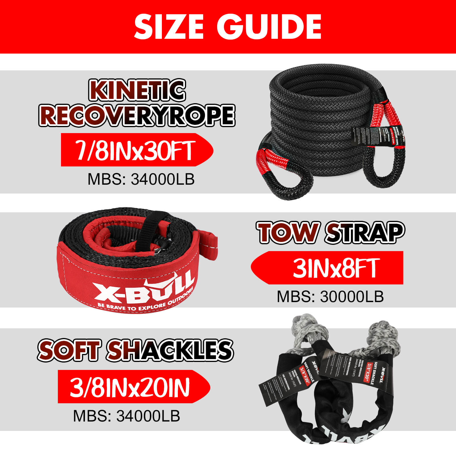 X-BULL 4WD Recovery Kit 15PCS Winch Recovery track Kinetic Rope Snatch Strap 4X4 - SILBERSHELL