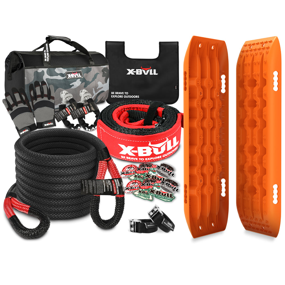 X-BULL 4X4 Recovery Kit Kinetic Recovery Rope Snatch Strap / 2PCS Recovery Tracks 4WD Gen2.0 - SILBERSHELL