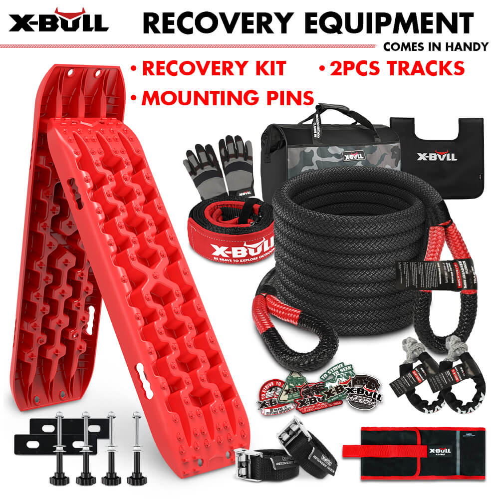 X-BULL 4X4 Recovery Kit Kinetic Recovery Rope Snatch Strap / 2PCS Recovery Tracks 4WD Mounting Pins Gen3.0 Red - SILBERSHELL