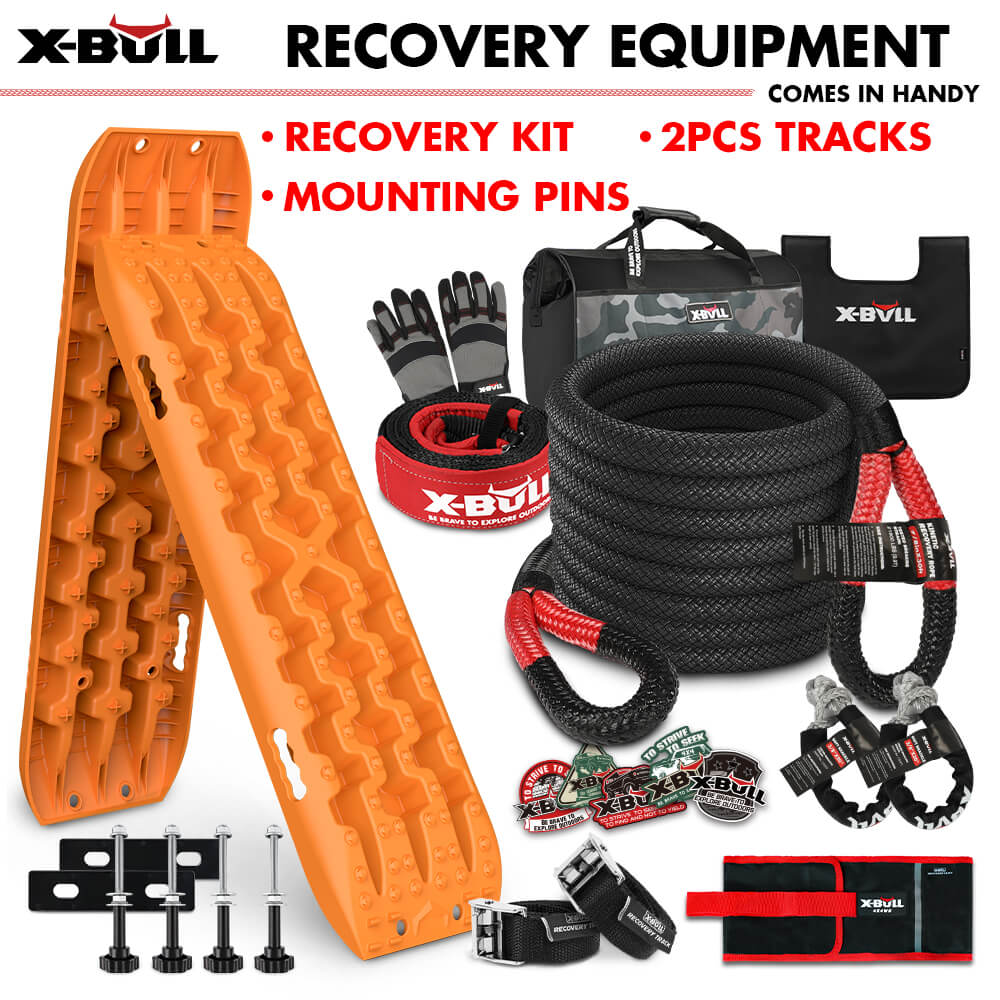 X-BULL 4X4 Recovery Kit Kinetic Recovery Rope Snatch Strap / 2PCS Recovery Tracks 4WD Mounting Pins Gen3.0 - SILBERSHELL