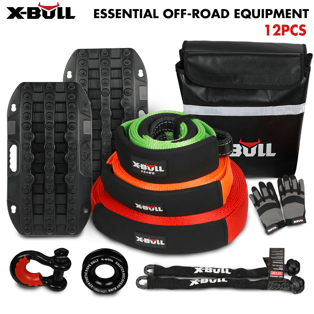 X-BULL 4WD Winch Recovery Kit 12Pcs Recovery Tracks Snatch Strap Soft Shackles Recovery Ring - SILBERSHELL
