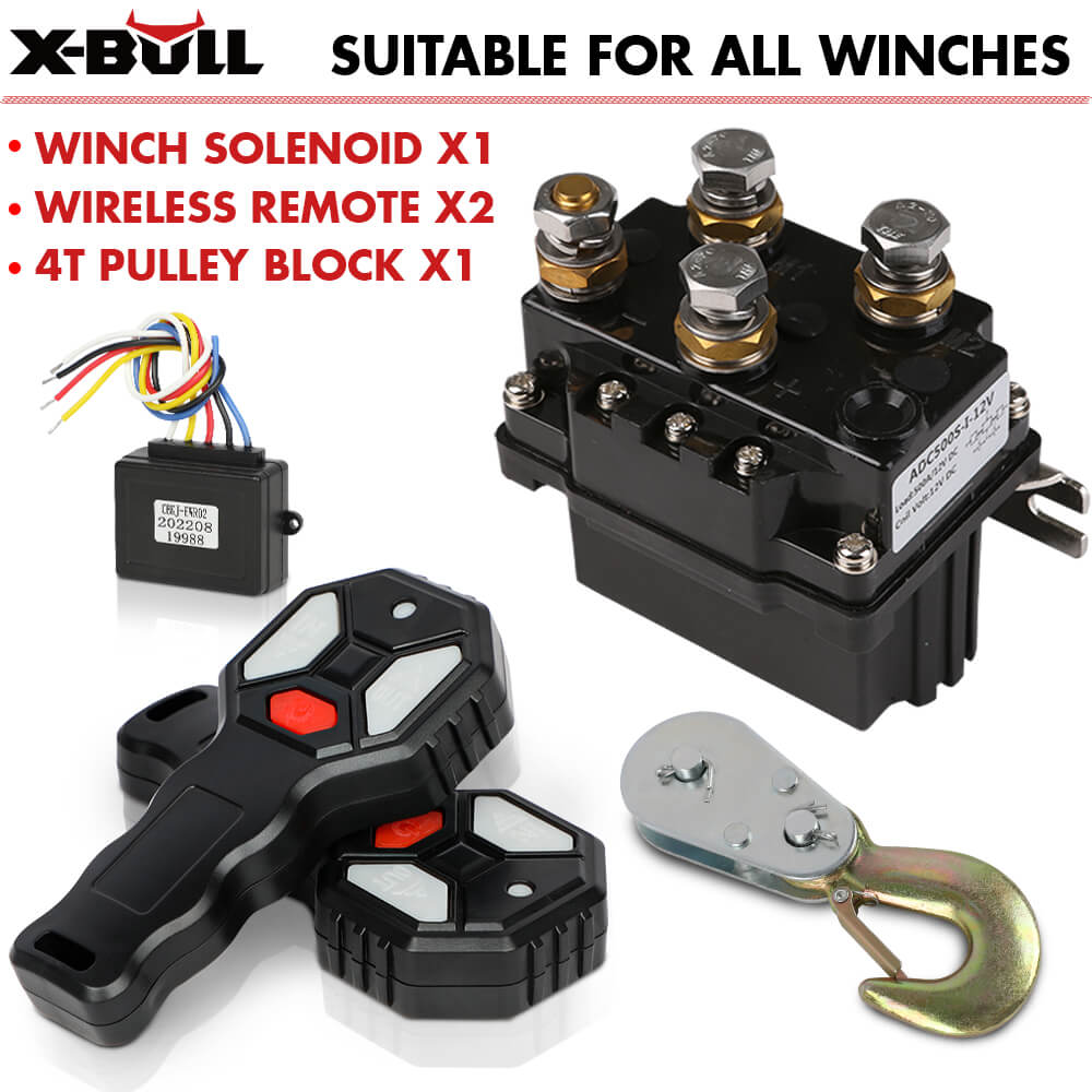 X-BULL Winch Solenoid Relay Wiring Controller 500A 12V and 150ft Wireless Remote 4T Block Pulley - SILBERSHELL