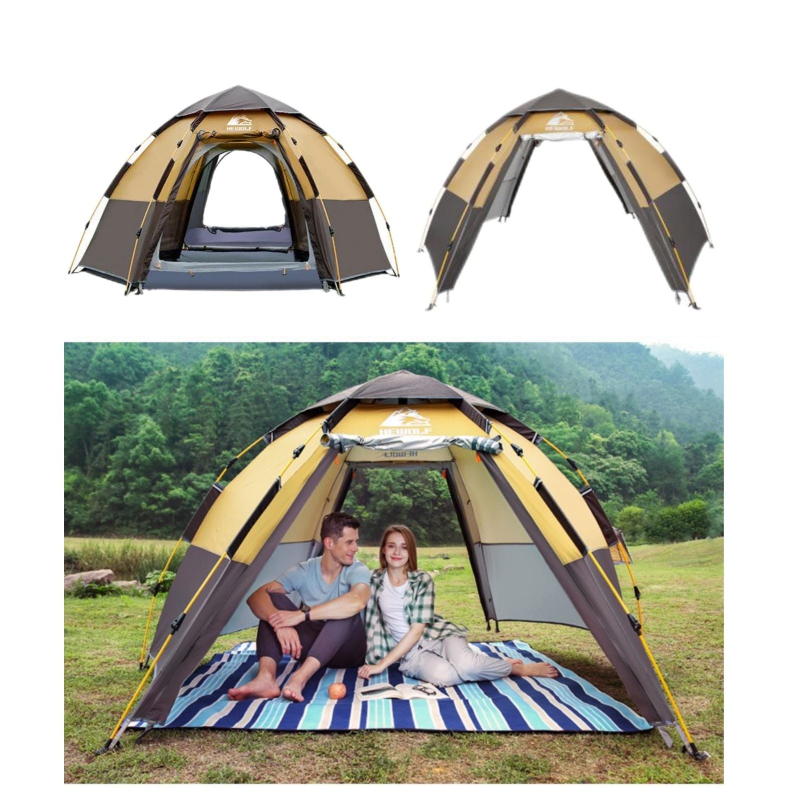 Waterproof Instant Camping Tent 4/5/6 Person Easy Quick Setup Dome Hexagonal Family Tents For Camping, Double Layer Flysheet Can Be Used As Beach Shelter - SILBERSHELL