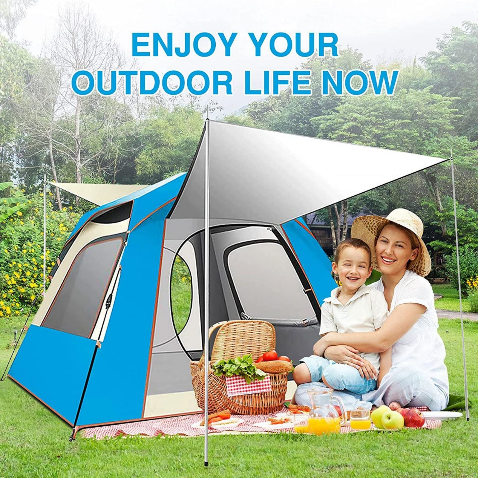 Instant Pop Up Tent For Hiking 2/3/4 Person Camping Tents, Waterproof Windproof Family Tent With Top Rainfly, Easy Set Up, Portable With Carry Bag, With UV Protection  / BLUE - SILBERSHELL
