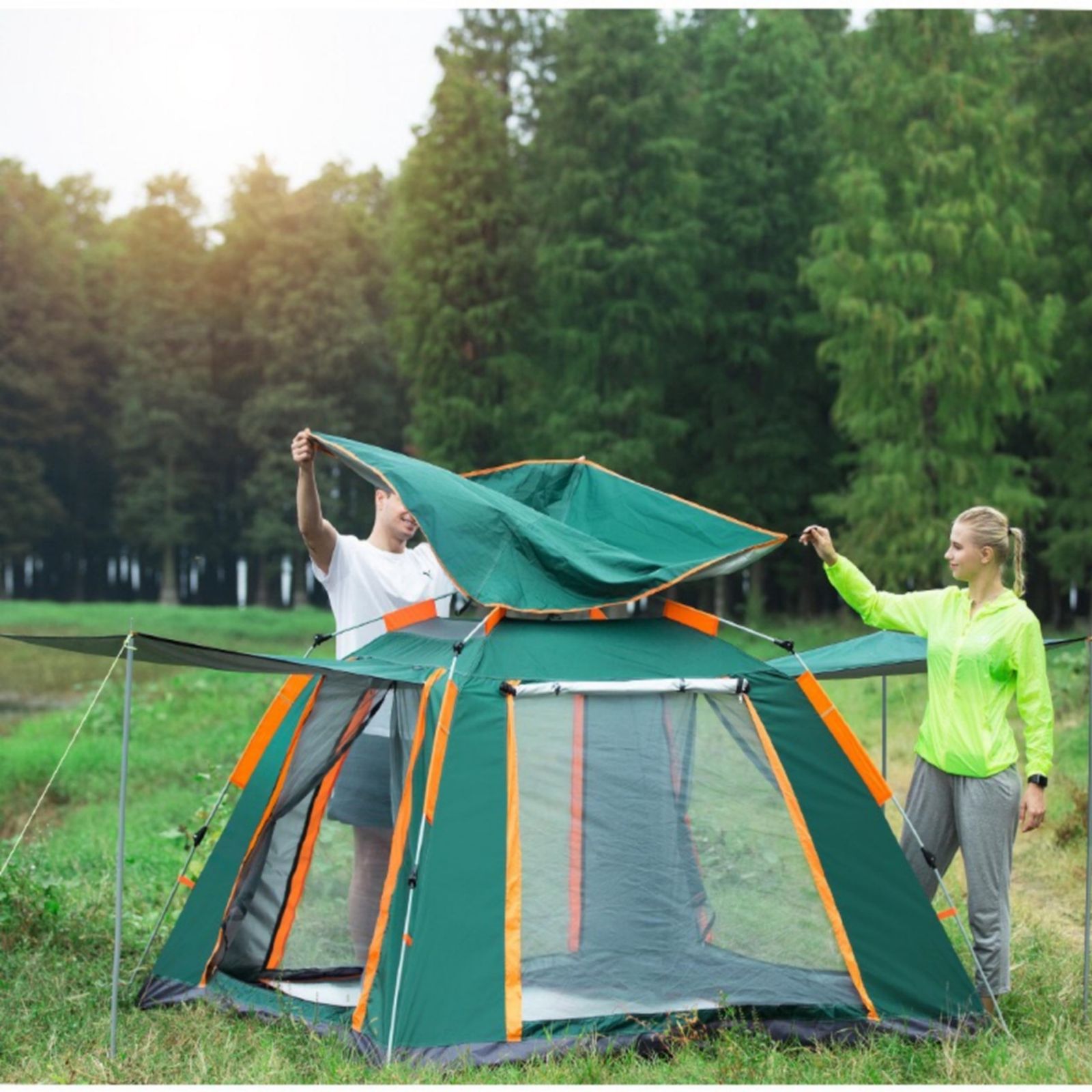 Instant Pop Up Tent For Hiking 2/3/4 Person Camping Tents, Waterproof Windproof Family Tent With Top Rainfly, Easy Set Up, Portable With Carry Bag, With UV Protection  / GREEN-ORANGE - SILBERSHELL