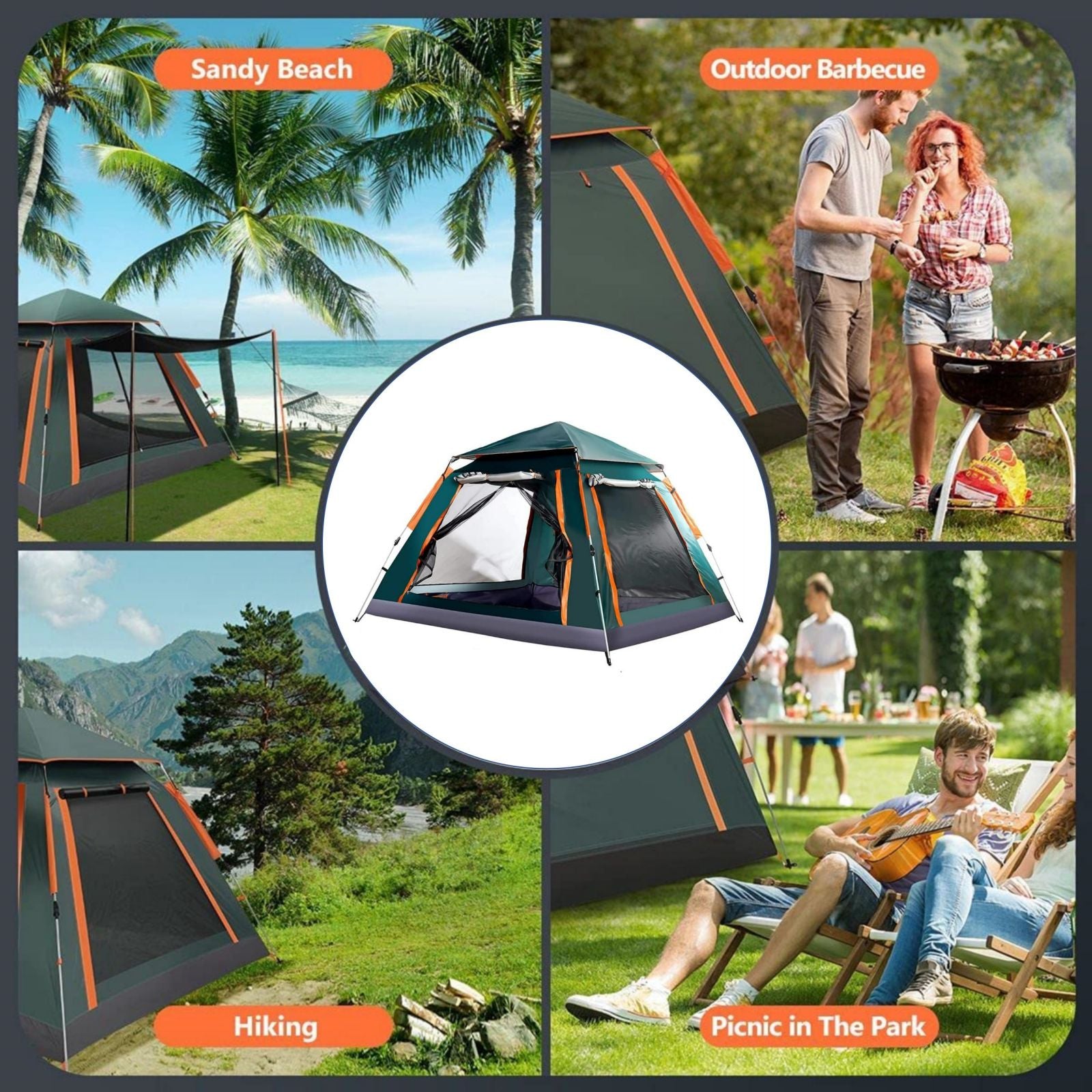 Instant Pop Up Tent For Hiking 2/3/4 Person Camping Tents, Waterproof Windproof Family Tent With Top Rainfly, Easy Set Up, Portable With Carry Bag, With UV Protection  / GREEN-ORANGE - SILBERSHELL